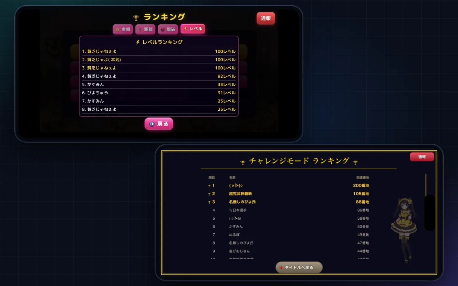 公開中の自社ゲームのランキング画面。『ぴよ氏の冒険』のレベルランキングと、『14番地』のチャレンジモードのランキング