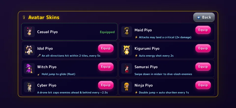 Piyo's Adventure costume screen (all eight and their effects)