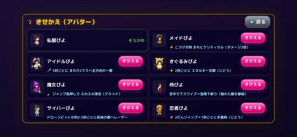 ぴよ氏の冒険 きせかえ画面（8種類と効果）